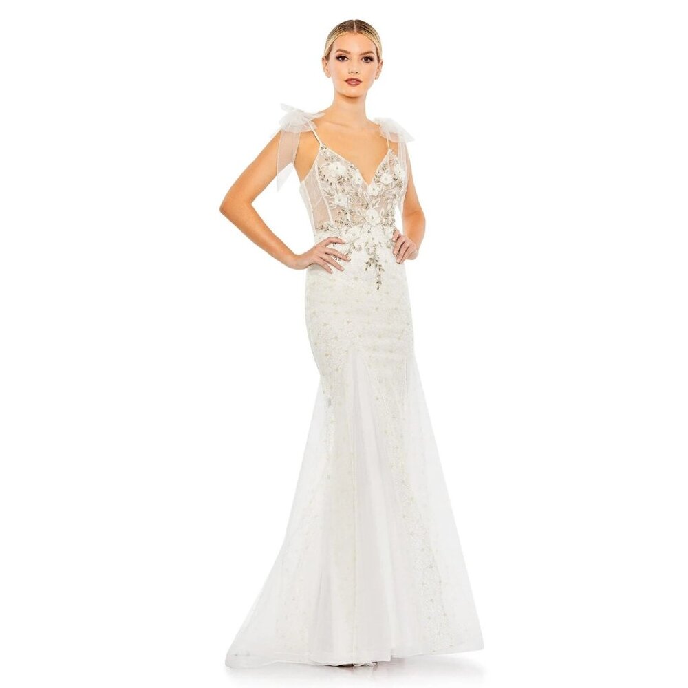 Mac Duggal 50666 Embellished Sleeveless Bow Detail Mermaid Gown Sz 16 NWT White